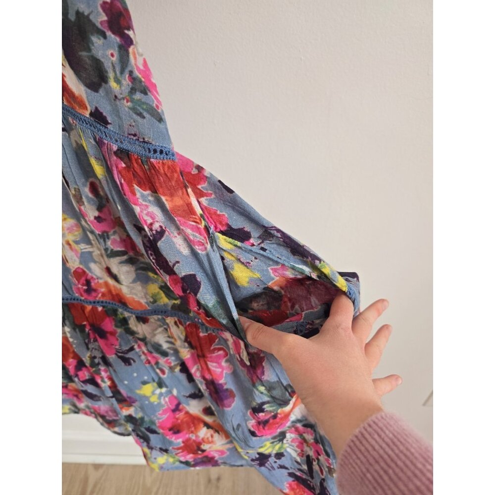 Sundance Annabelle Floral Blue Pink Cotton Dress XXL Short Sleeves Tassle Ruffle - Picture 9 of 11